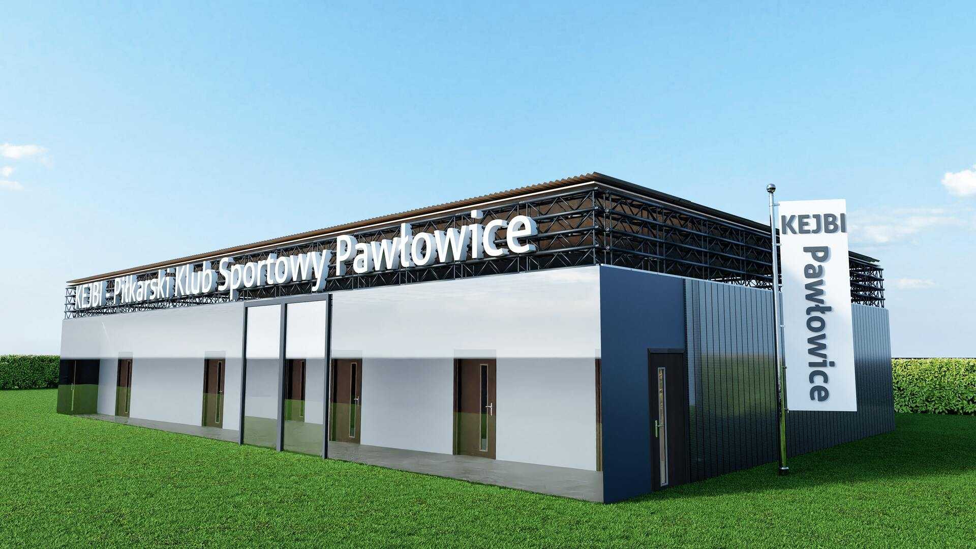 Wizualizacja 3D nowoczesnego budynku Klubu Sportowego Pawłowice z flagą i napisem "Pawłowice", otoczonego zielenią