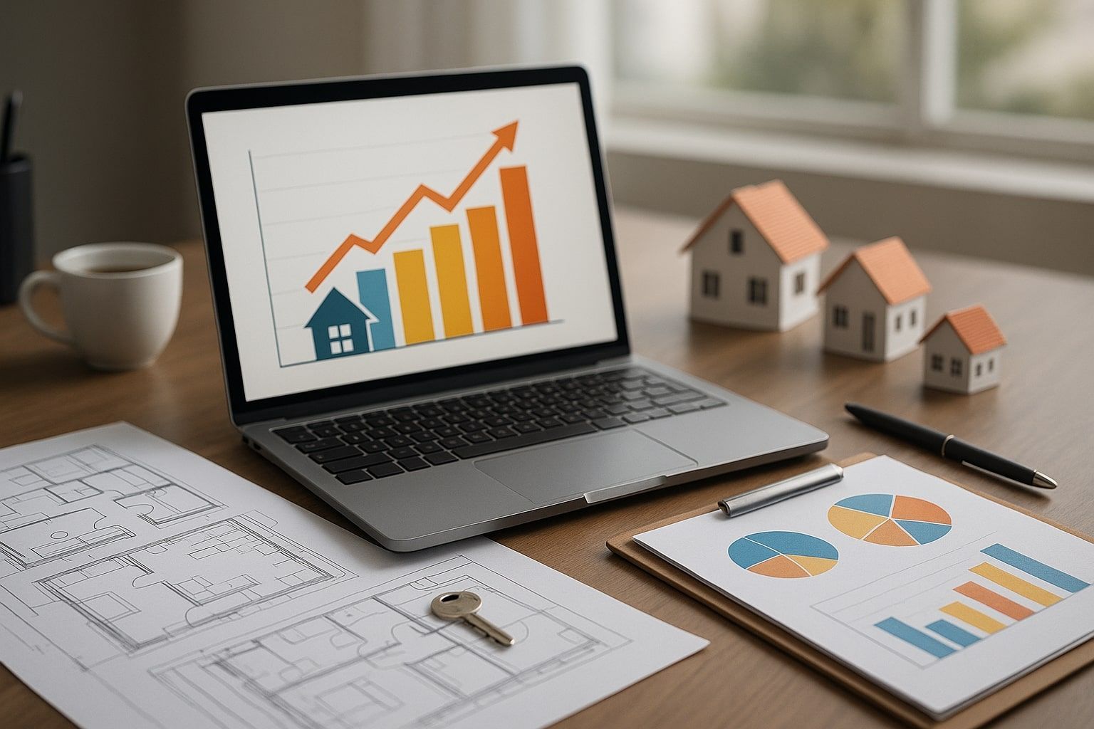 Laptop with rising bar chart, housing plans and keys on a desk – real-estate business plan