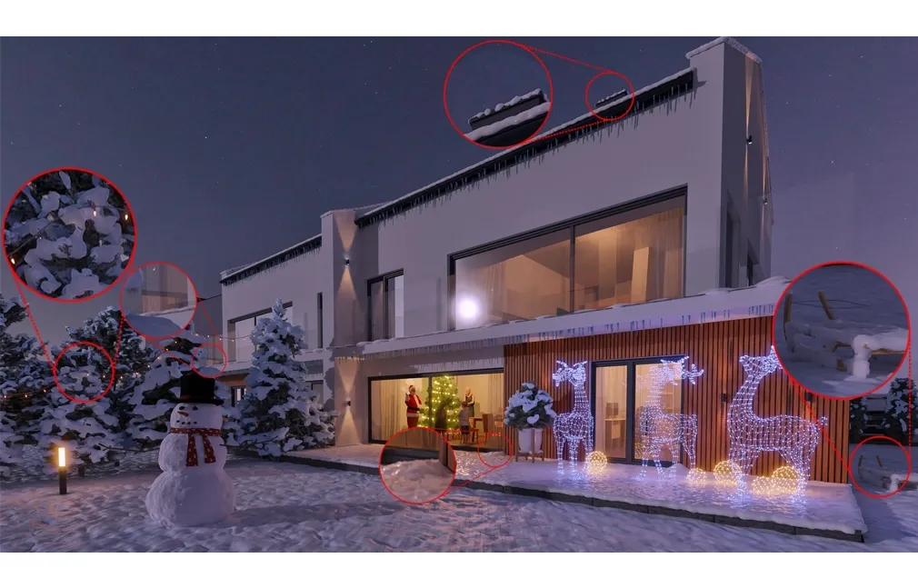 3D-Visualisierungen einer Siedlung im Winter
