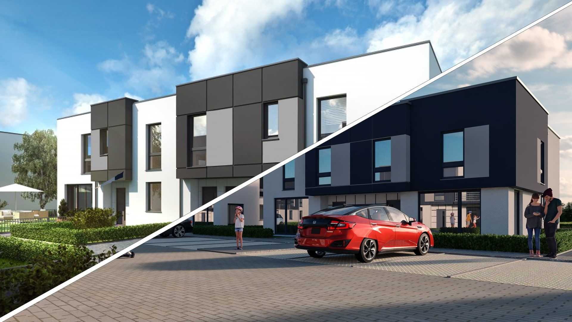 Wizualizacja 3D nowoczesnych domów szeregowych w jasnej i ciemnej wersji elewacji