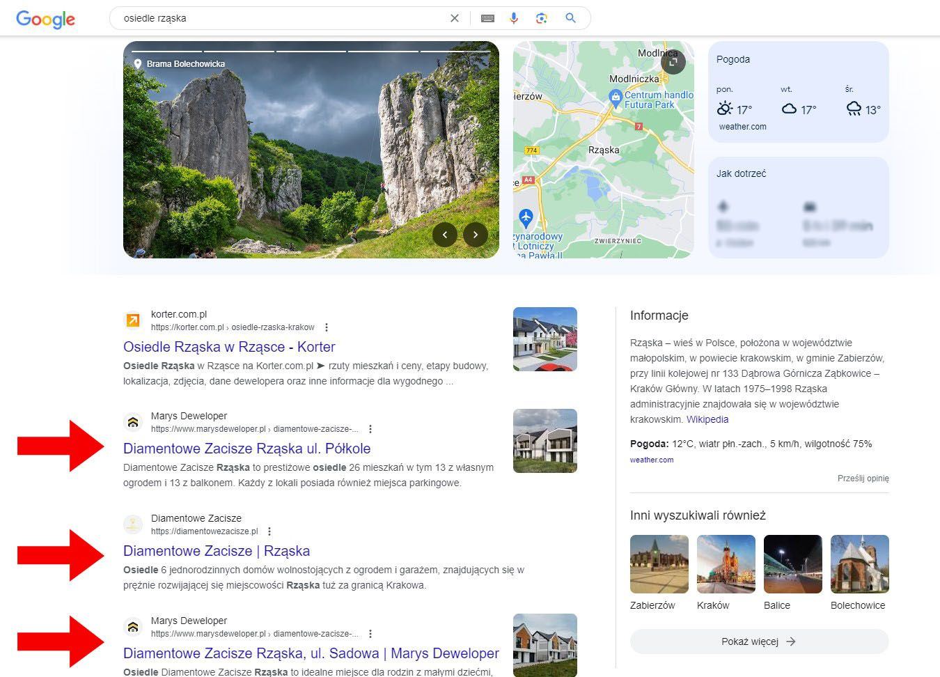 Diamentowe zacisze - Rząska, Kraków - High position of the real estate developers website and investment in Google After a few months, the website of the inv