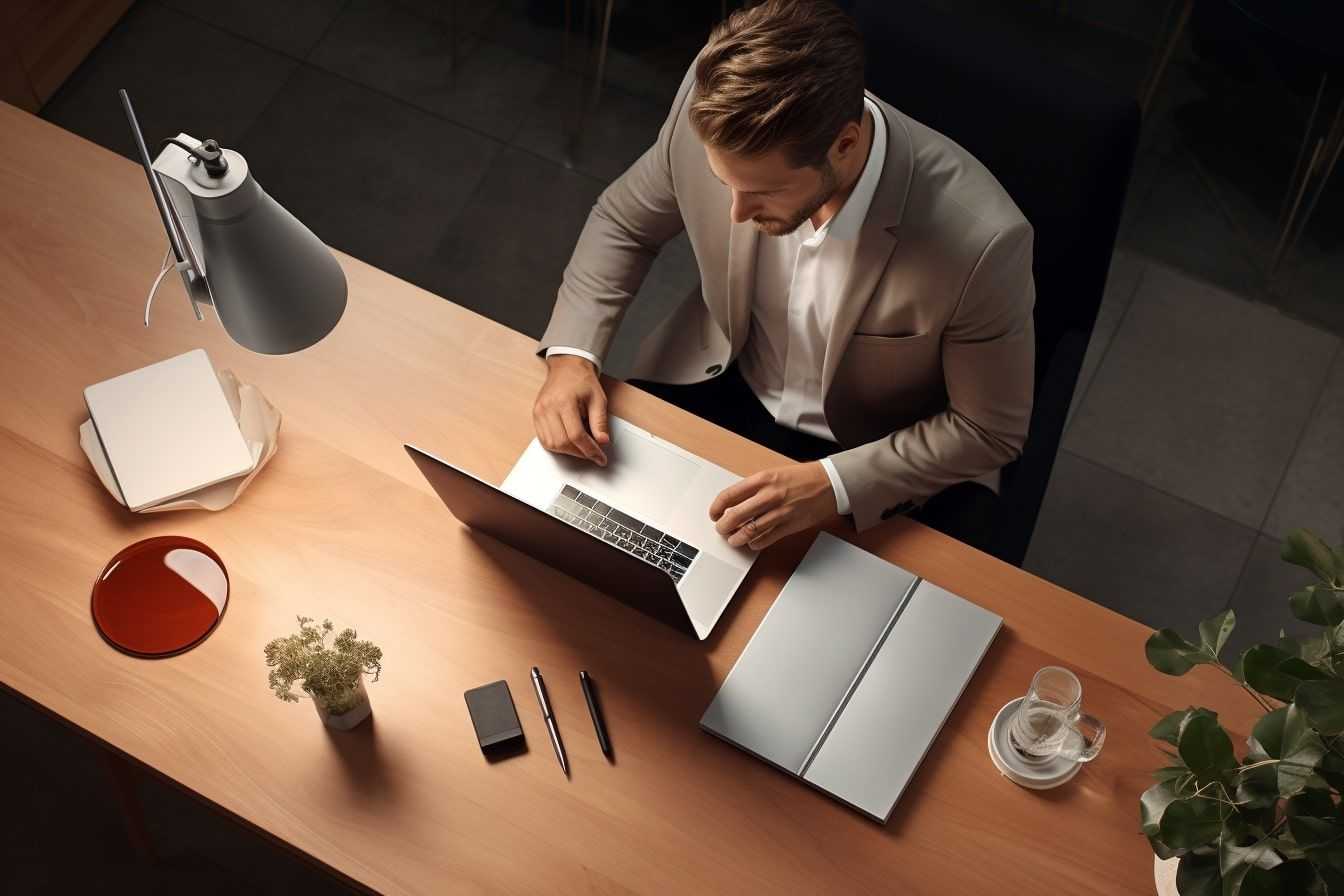 Mężczyzna w marynarce pracujący na laptopie przy drewnianym biurku z lampką