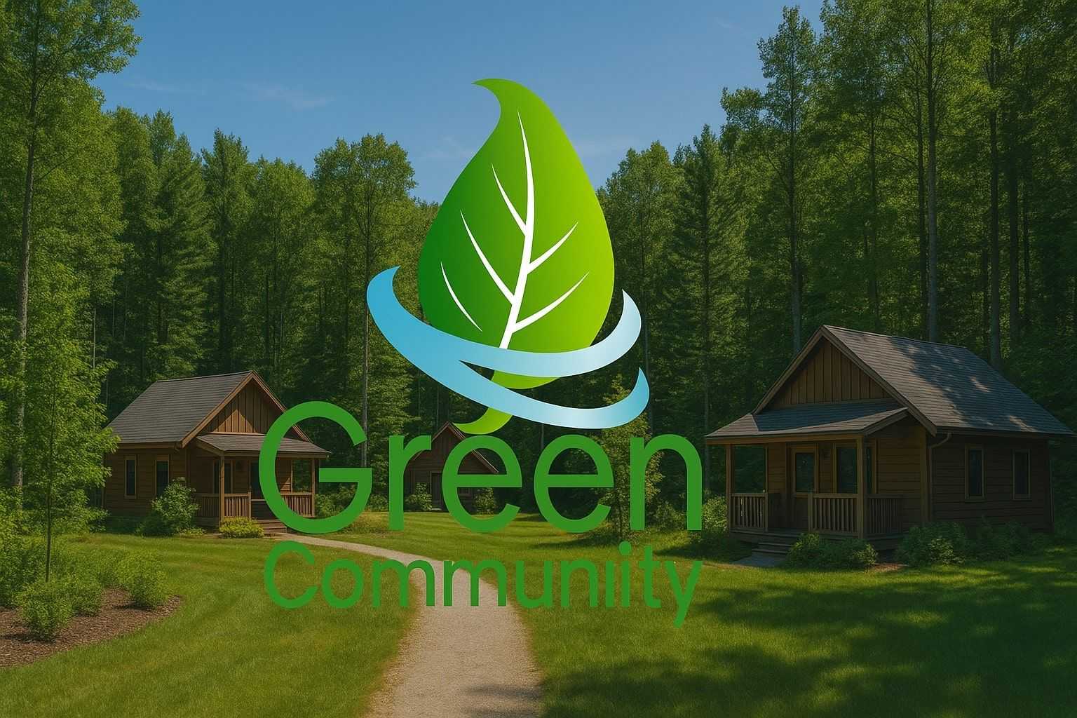 3D visualization of the “Green Community” estate with wooden houses surrounded by forest 