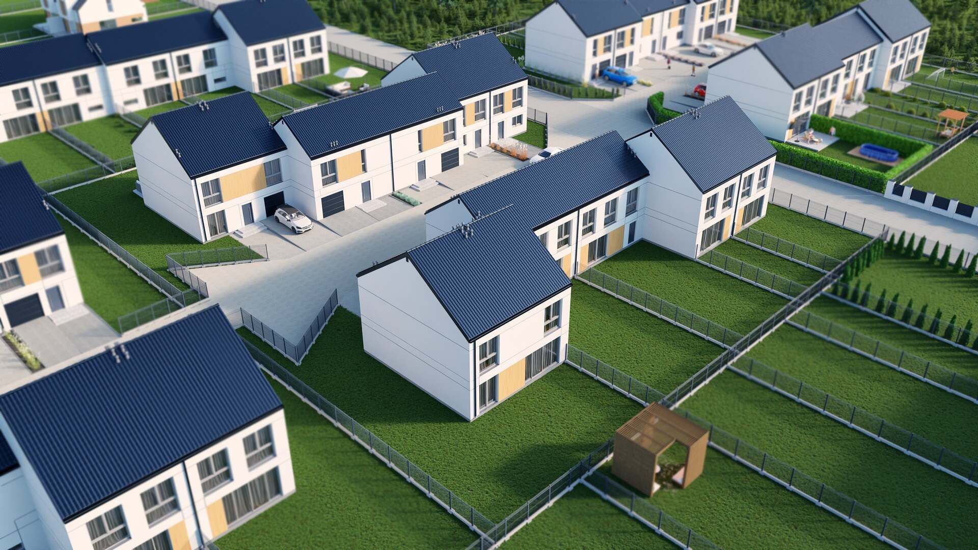 Wizualizacje 3D "z lotu ptaka" każdego z 7 etapów osiedla