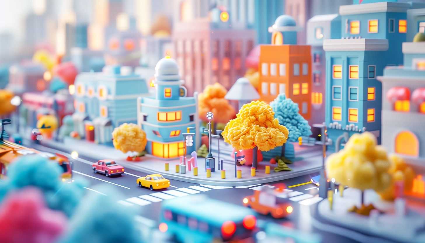 Wizualizacja 3D miasta w stylu miniaturowego modelu z kolorowymi budynkami, drzewami i samochodami, oddająca urok tętniącej życiem przestrzeni miejskie