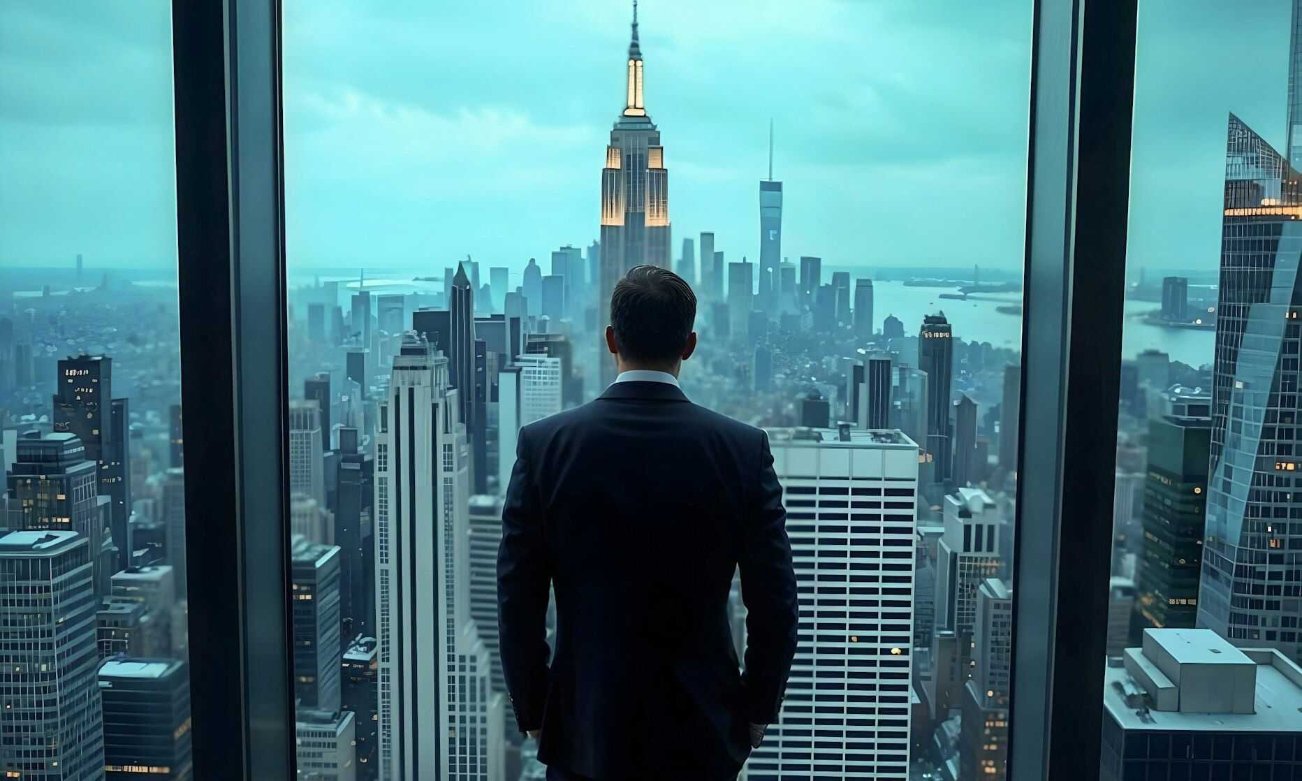 Mężczyzna w garniturze stoi tyłem do widza, patrząc przez duże okno na panoramę miasta z drapaczami chmur, w tym na Empire State Building.