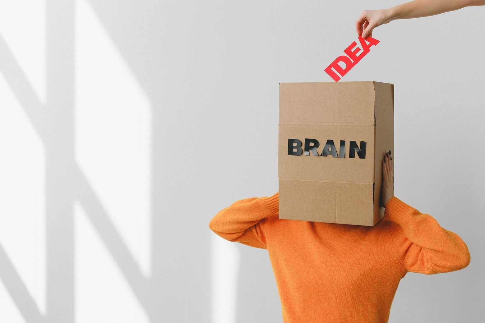 Osoba z kartonowym pudełkiem na głowie z napisem "BRAIN", do którego dłoń wkłada czerwoną etykietę z napisem "IDEA"