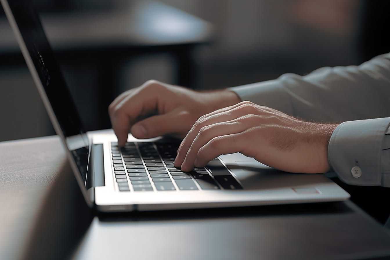 Ręce piszące na klawiaturze laptopa – symbolizujące tworzenie treści na stronę dewelopera