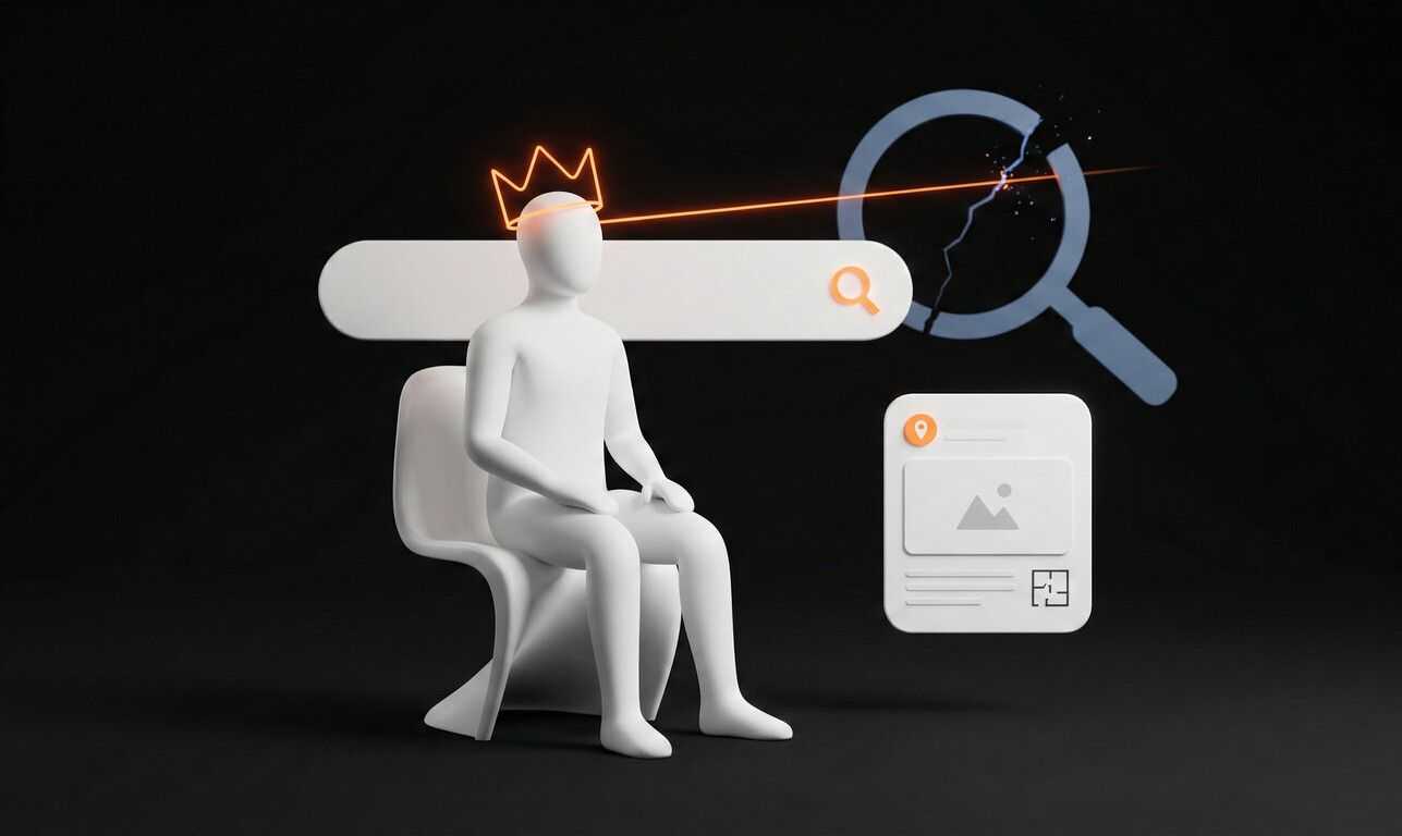 Minimal 3D illustration of a white crowned figure on a chair in front of a search bar, projecting an orange beam that cracks a magnifying-glass icon, with a real estate listing card beside it