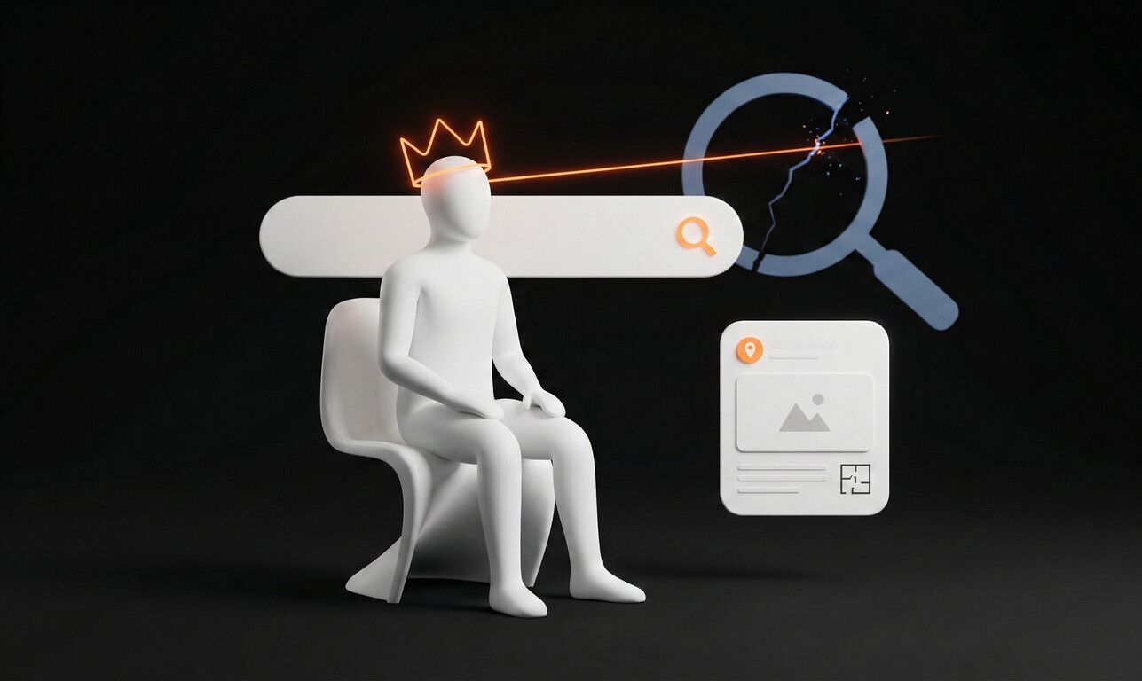 Minimal 3D illustration of a white crowned figure on a chair in front of a search bar, projecting an orange beam that cracks a magnifying-glass icon, with a real estate listing card beside it