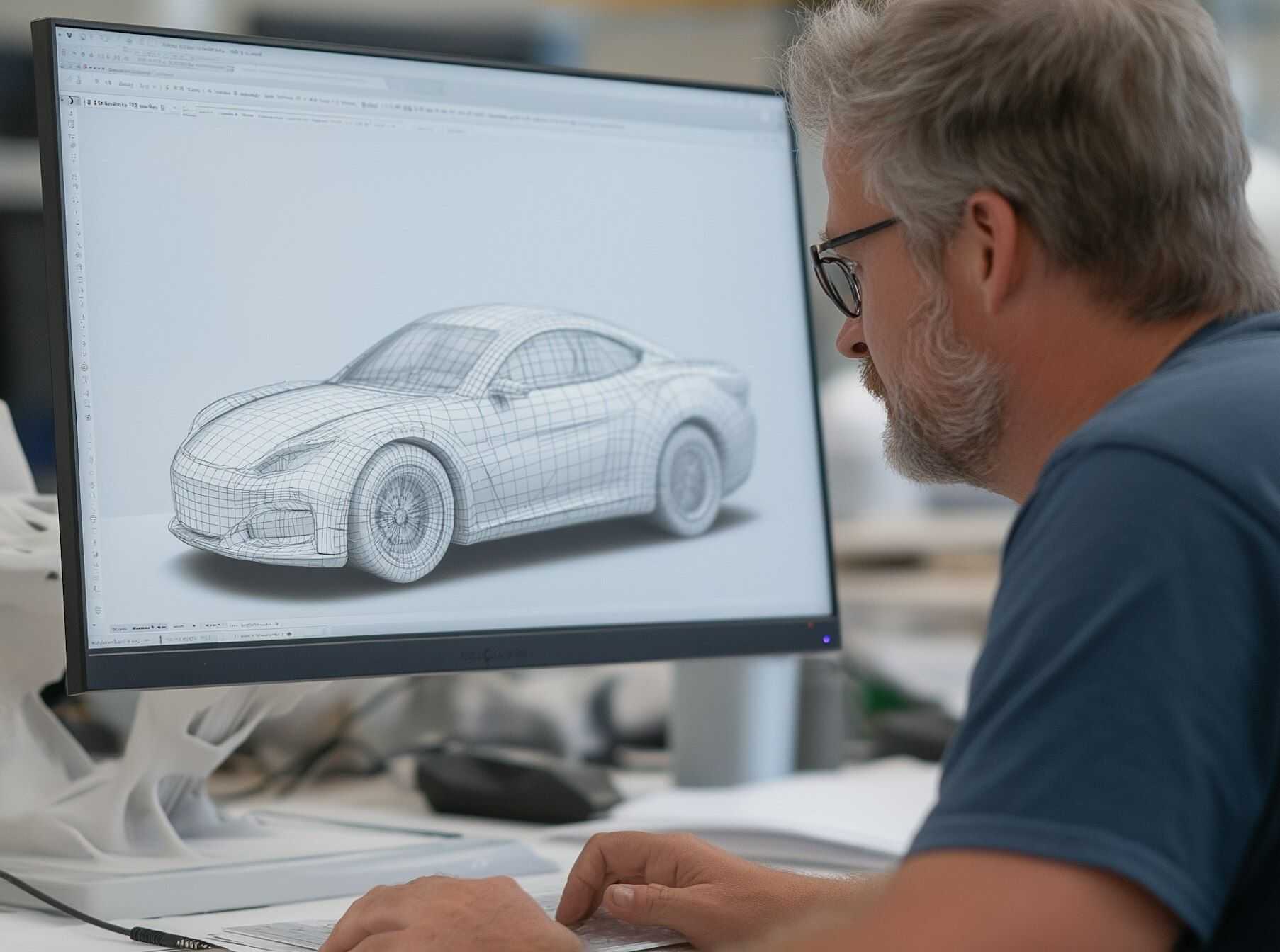projektant 3d pracujący nad modelem samochodu sportowego w programie do modelowania komputerowego