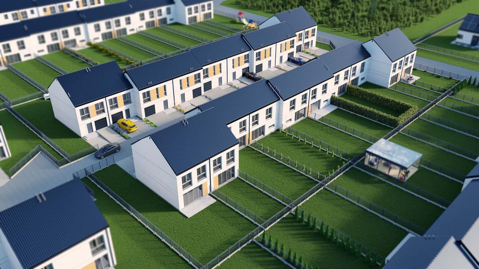 Osiedle Głosków pod Warszawą - Wizualizacje 3D z lotu ptaka każdego z 7 etapów osiedla - obraz 3