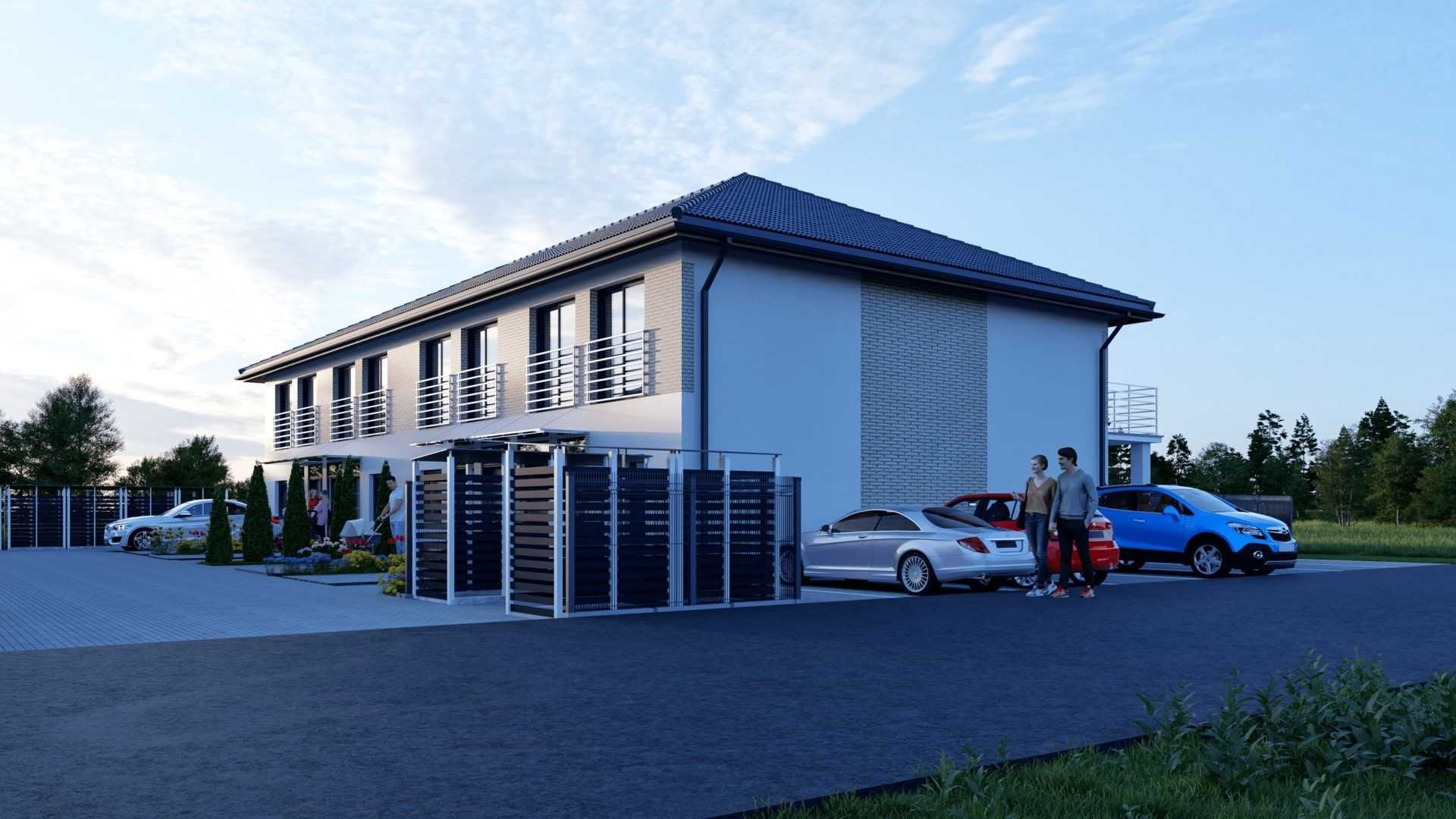 Wizualizacja 3D nowoczesnego osiedla domów szeregowych z jasnymi elewacjami i ciemnymi dachami.