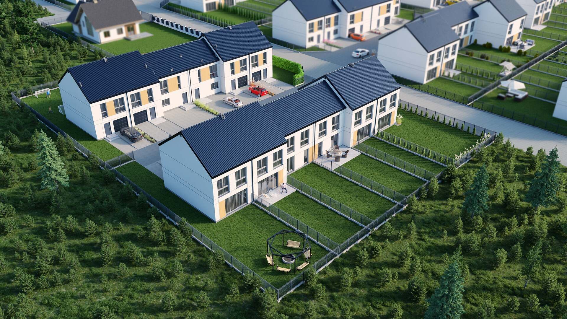 Wizualizacje 3D "z lotu ptaka" każdego z 7 etapów osiedla