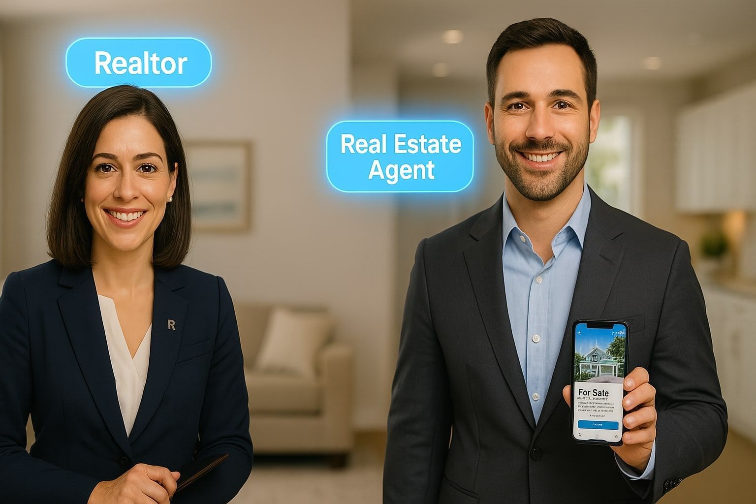 Female Realtor and male real estate agent display a home listing on a smartphone