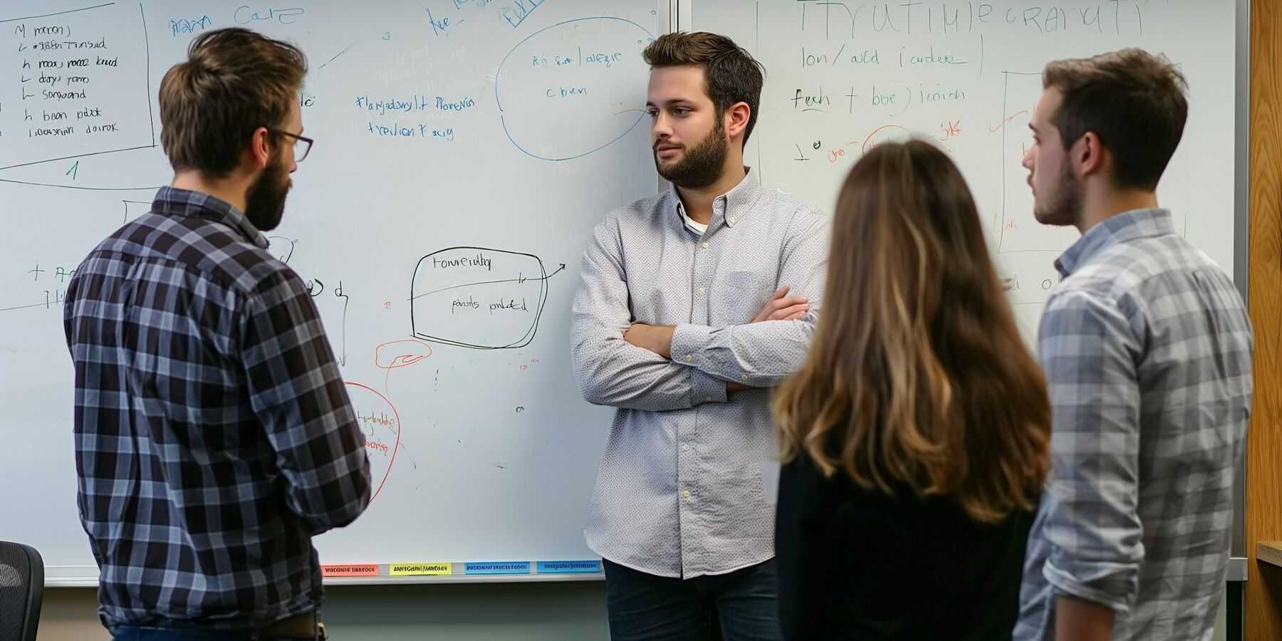 Grupa czterech osób – trzech mężczyzn i jedna kobieta – stoi przed dużą, białą tablicą, na której widnieją odręczne notatki, diagramy i schematy.