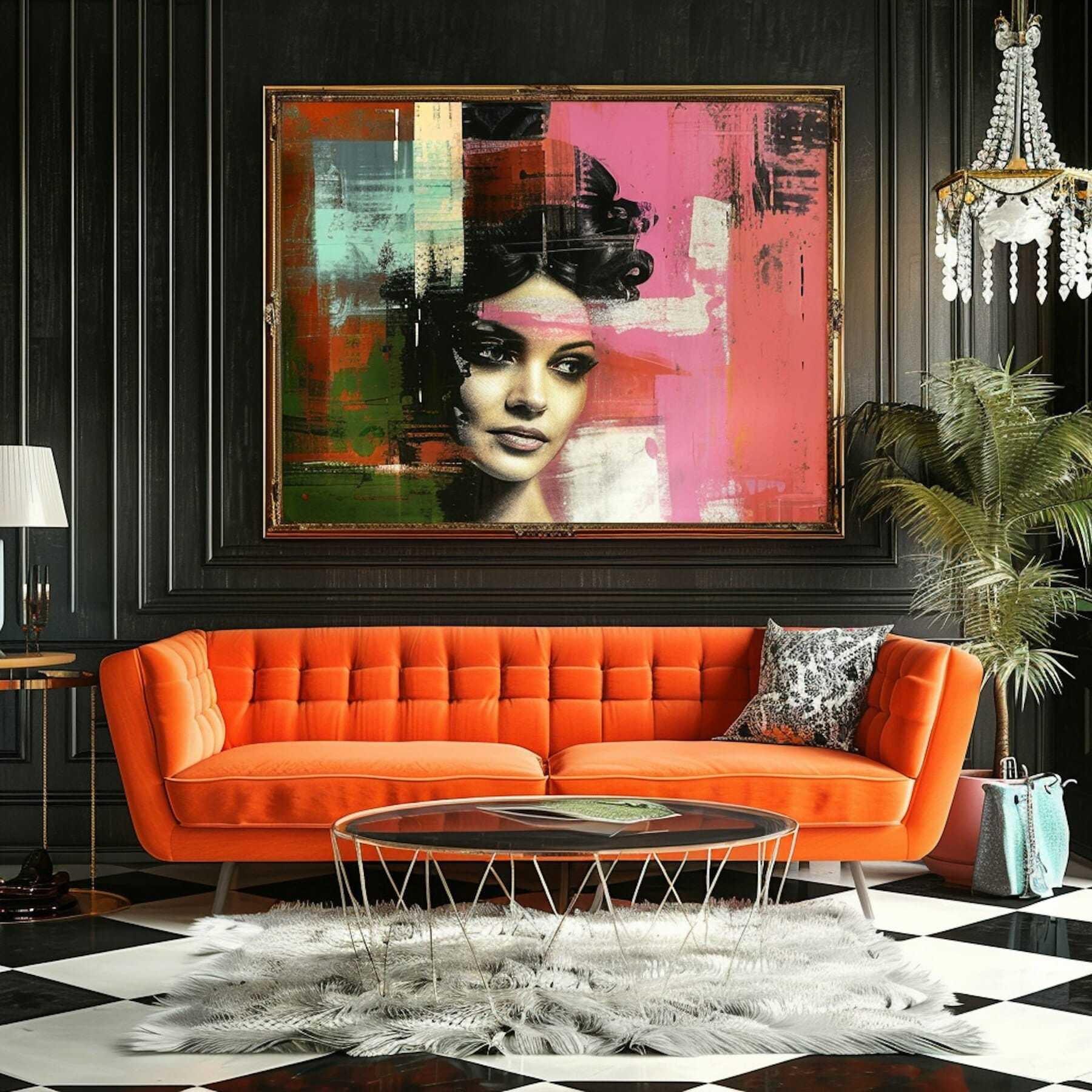 wizualizacja 3d nowoczesnego salonu z pomarańczową sofą, obrazem pop-art i eleganckim wystrojem wnętrza