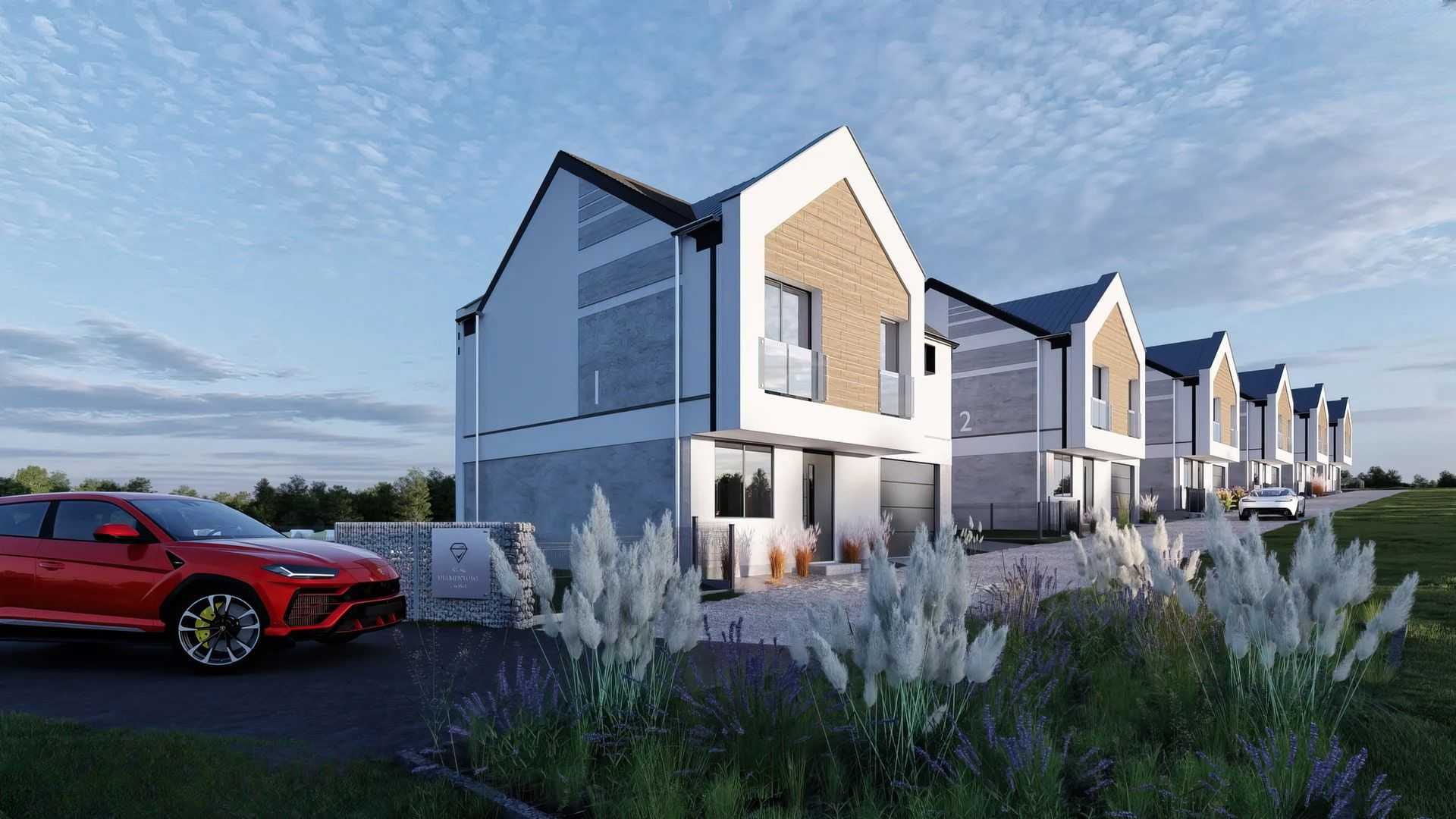 Wizualizacja 3D rzędu nowoczesnych domów jednorodzinnych z jasnymi elewacjami, szarymi cokołami i spadzistymi dachami, z drewnianymi akcentami na fasadach. 