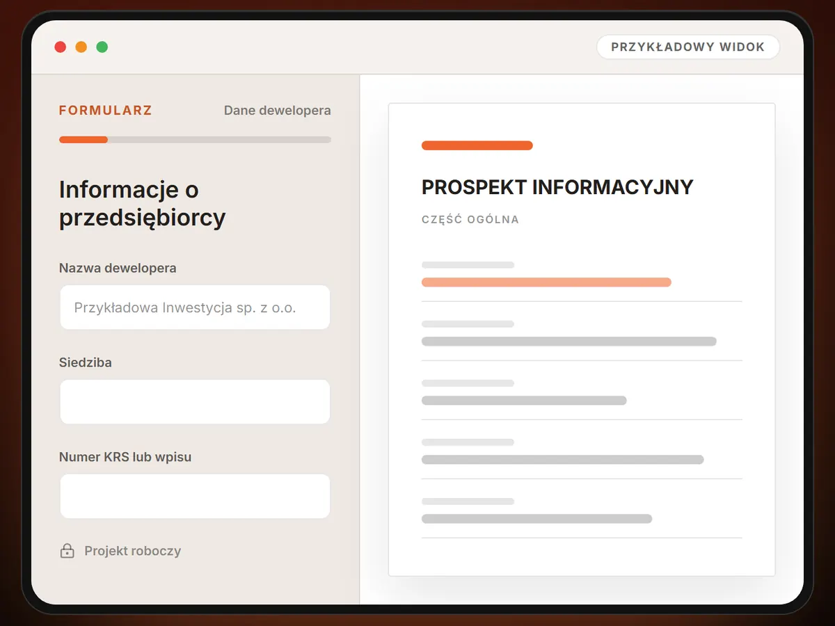 Kreator prospektu informacyjnego PanelDlaDewelopera.pl: formularz danych dewelopera obok podglądu dokumentu