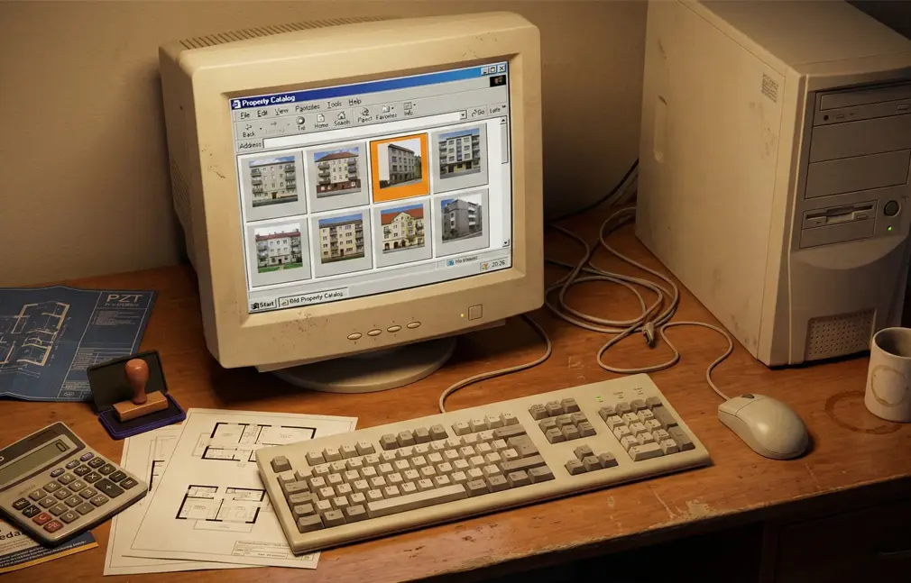 old computer presenting listing portals as marketing for real estate developers and properties